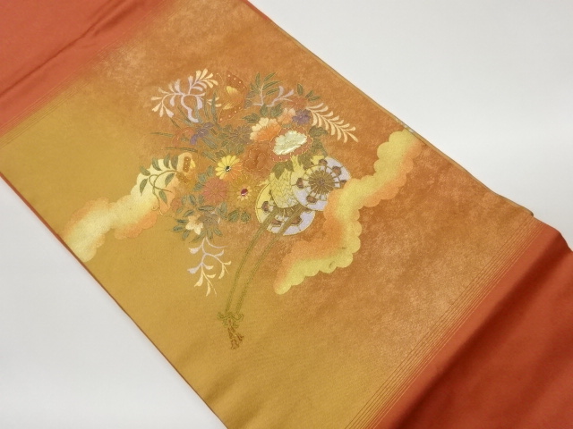 リサイクル　金彩螺鈿花車に雲模様名古屋帯